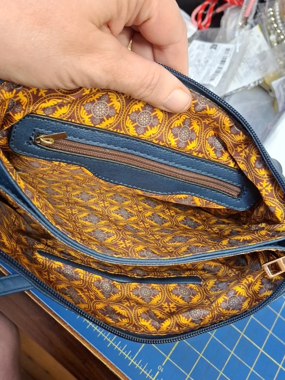 Blue Crossbody Shoulder Bag Multi Pockets Gold Hardware Preloved 10x1x1